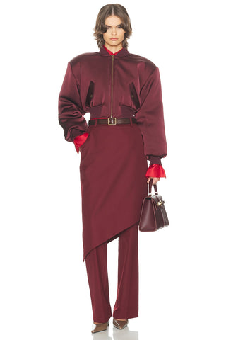 Helsa The Satin Women's Burgundy Polyester Long Puff Sleeve Cropped Fit Side Flap Pockets Full Zip Up Bomber Jacket