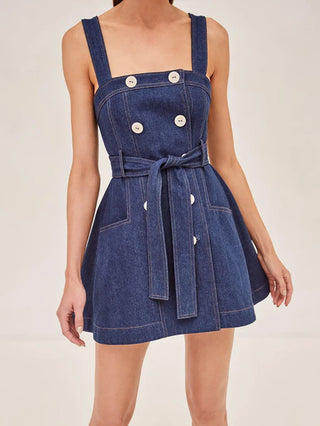 Alexis Danni Women's Blue Denim Square Neck Belted Sleeveless Front Bu TheFabNest Alexis Danni Women's Blue Denim Square Neck Belted Sleeveless Front Bu TheFabNest