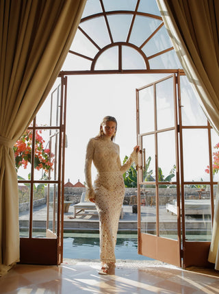 Ixiah Utopia Women's Beige Crochet Sequin Embellished High Waistline Side Split Flattering Midi Skirt