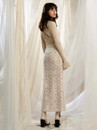 Ixiah Utopia Women's Beige Crochet Sequin Embellished High Waistline Side Split Flattering Midi Skirt