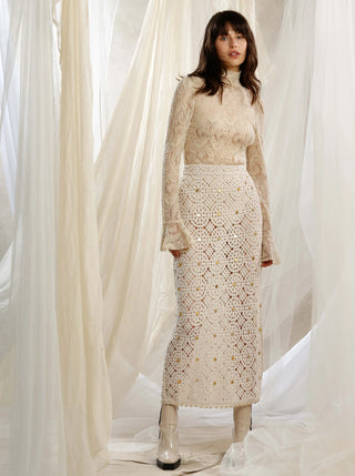 Ixiah Utopia Women's Beige Crochet Sequin Embellished High Waistline Side Split Flattering Midi Skirt