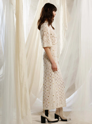 Ixiah Utopia Women's Beige Crochet Sequin Embellished High Waistline Side Split Flattering Midi Skirt