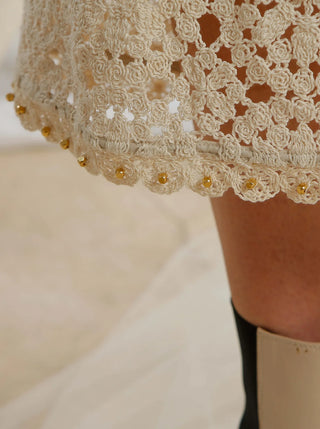 Ixiah Utopia Women's Beige Crochet Sequin Embellished High Waistline Side Split Flattering Midi Skirt