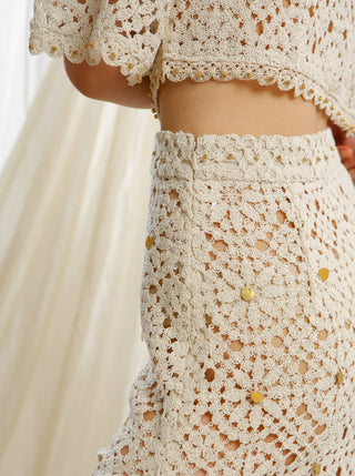 Ixiah Utopia Women's Beige Crochet Sequin Embellished High Waistline Side Split Flattering Midi Skirt