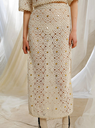 Ixiah Utopia Women's Beige Crochet Sequin Embellished High Waistline Side Split Flattering Midi Skirt