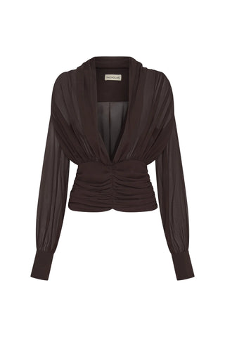Nicholas Jacqueline Women's Brown Silk Flattering Deep Plunge Neck Ruched Fitted Pleated-Gathered Long Georgette Sleeve Blouse Top