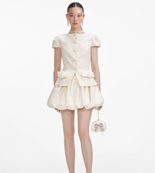 Self-Portrait Women's Cream Boucle Bow Detail Fitted Minimal Mini Dres – TheFabNest