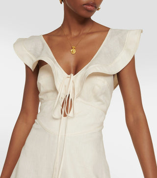 Zimmermann Halcyon Women's Beige Linen Frill Details Relaxed Cinched Waist Flutter Fit & Flare A-Line Midi Dress