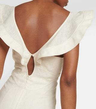 Zimmermann Halcyon Women's Beige Linen Frill Details Relaxed Cinched Waist Flutter Fit & Flare A-Line Midi Dress