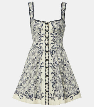 Alémais Airlie Women's White Linen Floral Printed Scoop Neckline Wide Straps Cinched Waist Mini Dress