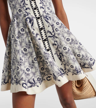 Alémais Airlie Women's White Linen Floral Printed Scoop Neckline Wide Straps Cinched Waist Mini Dress