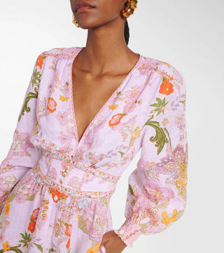 Camilla Women's Pink Linen Floral Embellished V-Neck Long Sleeve Empire Waist Loose Fit Maxi Shirt Dress