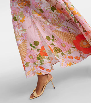 Camilla Women's Pink Linen Floral Embellished V-Neck Long Sleeve Empire Waist Loose Fit Maxi Shirt Dress