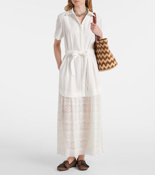 Simkhai Jenner Women's White Poplin & Lace Polyester Fully Lined Belted Waist Short Sleeve Collared Midi Shirt Dress