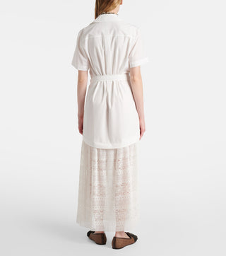 Simkhai Jenner Women's White Poplin & Lace Polyester Fully Lined Belted Waist Short Sleeve Collared Midi Shirt Dress