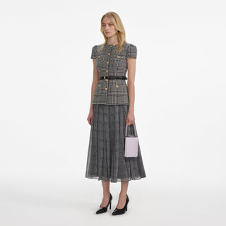 Self-Portrait Women's Black Houndstooth Wool Removable Belt Chiffon Pleated Fitted Tailored Midi Dress