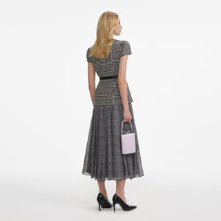 Self-Portrait Women's Black Houndstooth Wool Removable Belt Chiffon Pleated Fitted Tailored Midi Dress