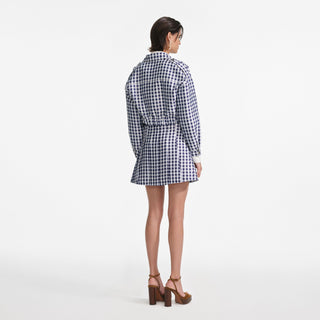 Self-Portrait Women's Navy Gingham Fully Lined Fitted Minimal Stretch Long Sleeve Cropped Fit Taffeta Jacket