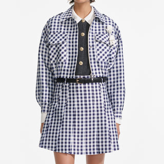 Self-Portrait Women's Navy Gingham Fully Lined Fitted Minimal Stretch Long Sleeve Cropped Fit Taffeta Jacket