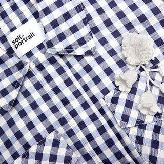 Self-Portrait Women's Navy Gingham Fully Lined Fitted Minimal Stretch Long Sleeve Cropped Fit Taffeta Jacket