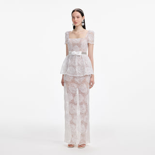 Self-Portrait Women's White Tulle Lace Embellished Square Neckline Floral Bow Motif Partially Lined Back Slit Maxi Dress