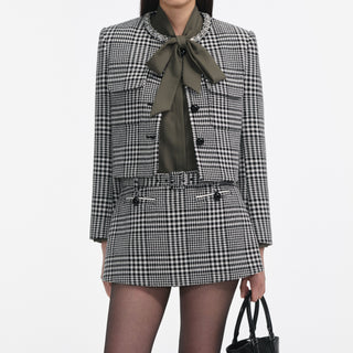 Self-Portrait Women's Gray Houndstooth Sparkling Crystal Diamanté Trims Button Closure Functional Pockets Jacket