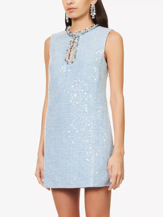 Self-Portrait Women's Blue Polyester Sequin Crew Neck Sleeveless Boucle Mini Dress