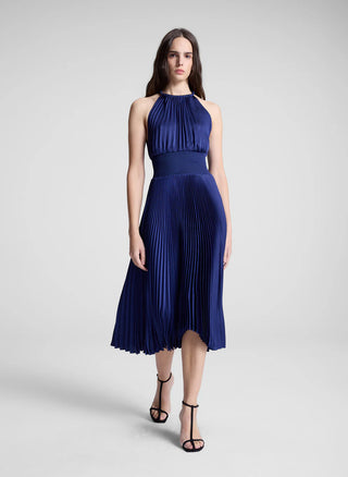 A.L.C. Renzo II Women's Blue Satin Pleated Back Keyhole Corded Halter Neckline Asymmetrical Hem Smocked Waist Midi Dress