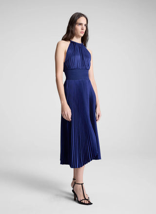 A.L.C. Renzo II Women's Blue Satin Pleated Back Keyhole Corded Halter Neckline Asymmetrical Hem Smocked Waist Midi Dress