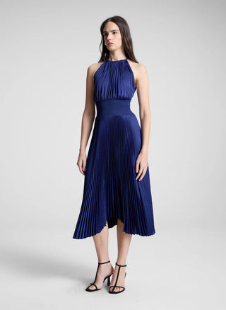 A.L.C. Renzo II Women's Blue Satin Pleated Back Keyhole Corded Halter Neckline Asymmetrical Hem Smocked Waist Midi Dress
