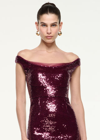 Roland Mouret Women's Dark Pink Polyester Sequin Embellishment Slim Fitted Off-The-Shoulder Midi Bodycon Dress