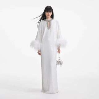 Self Portrait Women's White Sequin Feather Embellished Neck Keyhole Relaxed Fit Maxi Dress