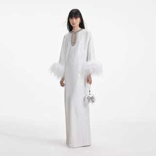 Self Portrait Women's White Sequin Feather Embellished Neck Keyhole Relaxed Fit Maxi Dress