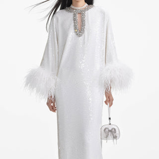 Self Portrait Women's White Sequin Feather Embellished Neck Keyhole Relaxed Fit Maxi Dress