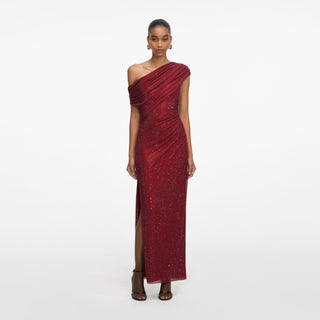 Self-Portrait Women's Burgundy Asymmetric Off-Shoulder Neckline Lined Rhinestone Embellished Drape Midi Dress
