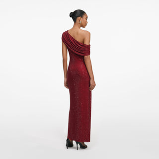 Self-Portrait Women's Burgundy Asymmetric Off-Shoulder Neckline Lined Rhinestone Embellished Drape Midi Dress