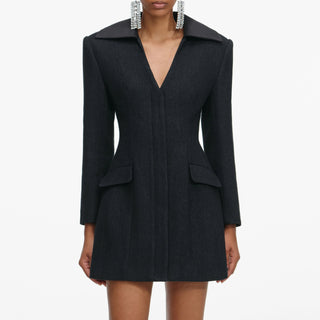Self-Portrait Women's Black Button Closure Fitted Exaggerated Collared Removable Shoulder Pads Blazer Mini Dress