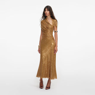 Self-Portrait Women's Gold Asymmetrical Cut-Out Neckline Rhinestone Gathering Detail Drape Midi Dress