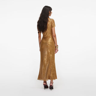 Self-Portrait Women's Gold Asymmetrical Cut-Out Neckline Rhinestone Gathering Detail Drape Midi Dress