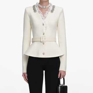 Self-Portrait Women's Cream Lace Frill Trims Belted Peplum Cinches Waist Crystal Trim Button Closure Cardigan