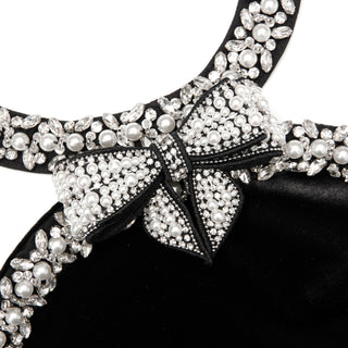 Self-Portrait Women's Black Velvet Removable Sparkling Bow Brooch Pearl & Diamanté Trim Embellished Fitted Mini Dress