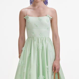 Self-Portrait Women's Green Cotton Flower Motifs Gathering Details Poplin Flared Hem Fitted Lined Midi Dress