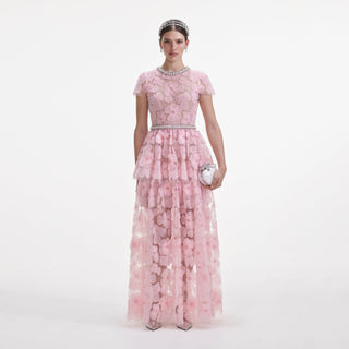 self portrait pink floral dress Pink Rhinestone Lace Midi Dress
