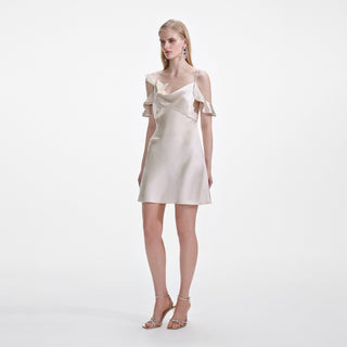 Self-Portrait Women's Champagne Satin Stretch Spaghetti Strap Flower Bust Detailing Cowl Neck Sleeveless Mini Dress