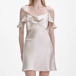 Self-Portrait Women's Champagne Satin Stretch Spaghetti Strap Flower Bust Detailing Cowl Neck Sleeveless Mini Dress
