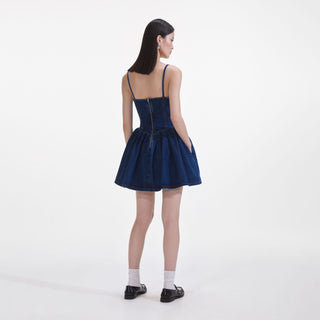 Self-Portrait Women's Blue Denim Sleeveless Sweetheart Neck Diamante Bow Functional Pocket Fitted Mini Skater Dress