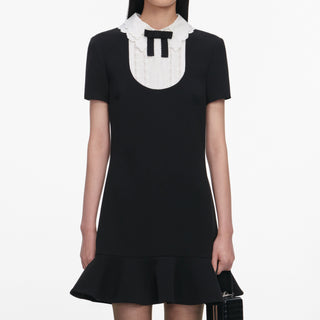 Self-Portrait Women's Black Crepe Lace Bib Detail Bow Motif Functional Pockets Minimal Stretch Fitted Mini Dress