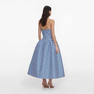 Self-Portrait Women's Navy Stripe Taffeta Functional Pockets Fitted Minimal Stretch Bandeau Neckline Midi Dress