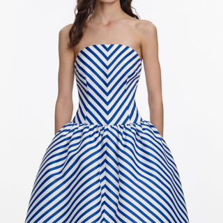 Self-Portrait Women's Navy Stripe Taffeta Functional Pockets Fitted Minimal Stretch Bandeau Neckline Midi Dress