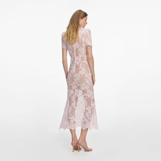 Self-Portrait Women's Pink Removable Cami Lining Rhinestone Dreamy Lace Minimal Stretch Fitted Midi Dress